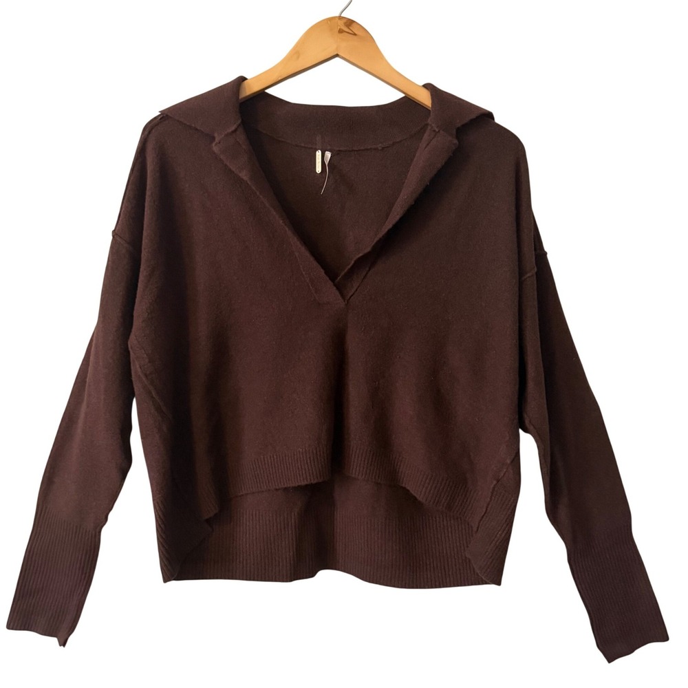 Free People Brown Sz Small V-Neck Collared Sweater High-Low Dark Academia Boho